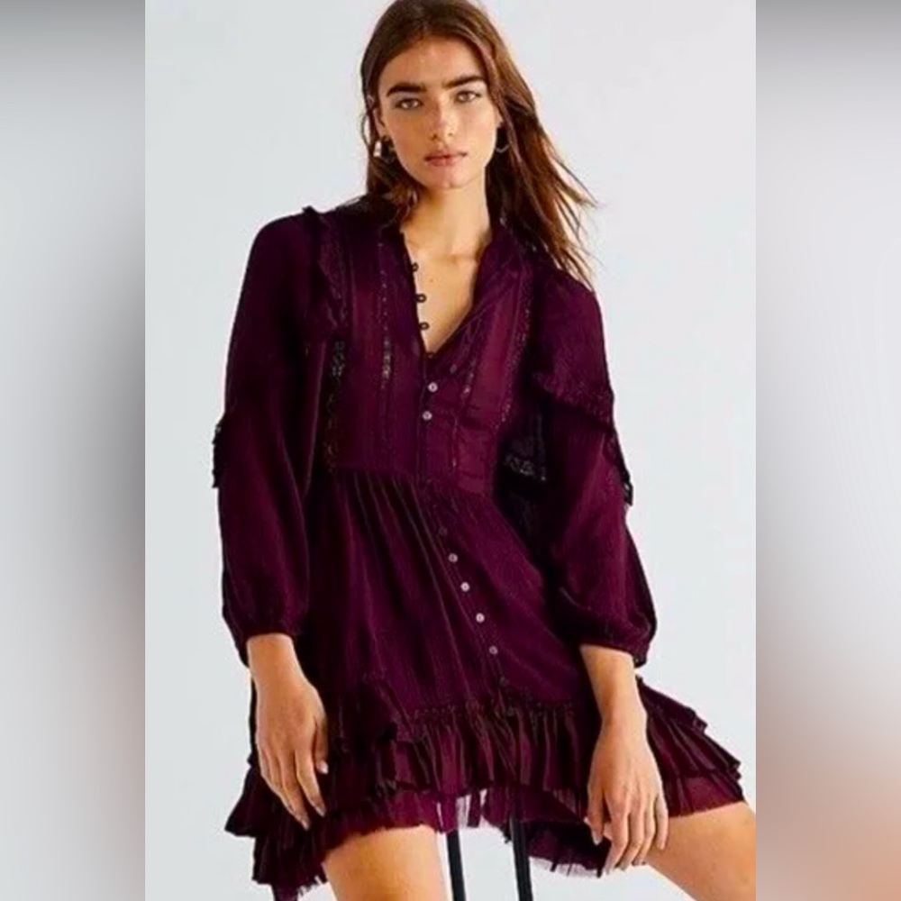 Free People Ambrosia ruffle dress with balloon sleeves in plum size SX